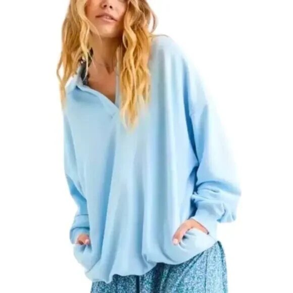 AERIE Oversized French Terry Polo Sweatshirt Light Blue With Pockets- Size Small - Picture 1 of 14